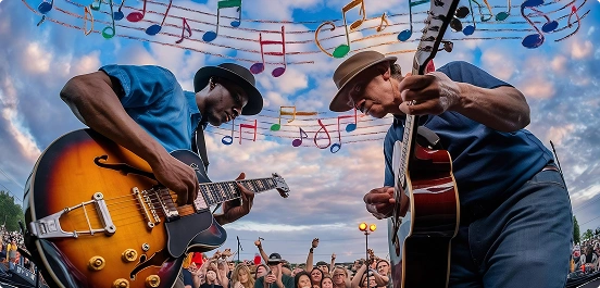 Dwóch muzyków w kapeluszach energicznie gra na gitarach na scenie o zachodzie słońca. Kolorowe, unoszące się w powietrzu nuty i wiwatujący tłum tworzą żywą, radosną atmosferę.