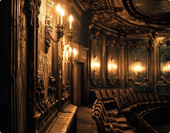 Słabo oświetlone, bogato zdobione wnętrze teatru ze złoconymi ścianami i żyrandolami rzucającymi ciepły blask na puste, zakrzywione rzędy pluszowych foteli, budzące elegancję i nostalgię.