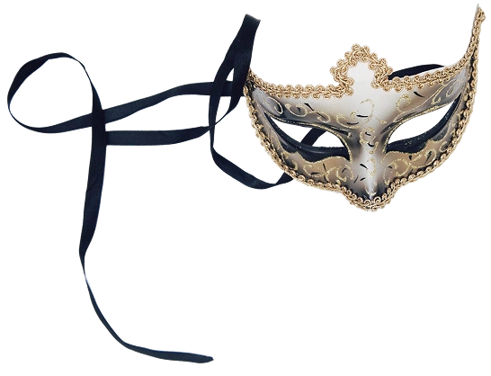Elegancka biała i złota maska karnawałowa z misternymi detalami i czarnymi wstążkami, na czarnym tle, oddająca tajemniczość i elegancję.
