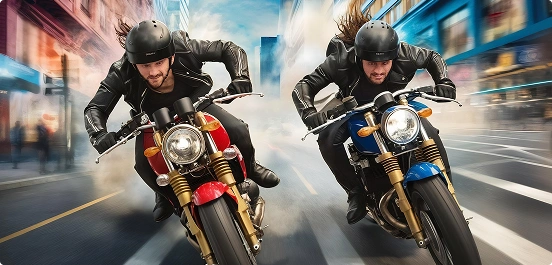 Dwóch motocyklistów w czarnych kaskach i kurtkach pędzi ulicami miasta, tworząc dramatyczną i intensywną scenę pełną rozmycia ruchu i energii.