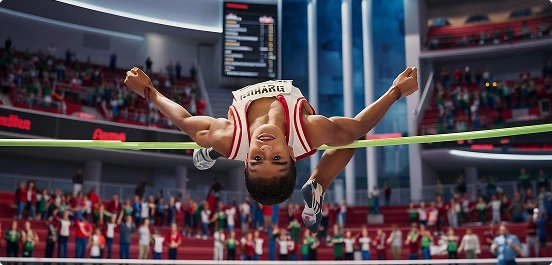 Skoczek w wyskoku, uchwycony w powietrzu, przelatuje nad poprzeczką. Ma na sobie czerwono-biały strój. Trybuny stadionu wypełniają dopingujący kibice.